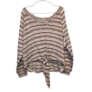 Altar'd State Striped V-Neck Tie Front Sweater Top Small Gray Blue White Knit